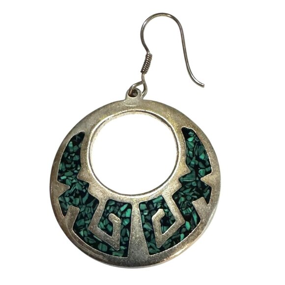 Southwestern Handcrafted 925 Sterling Silver Turquoise Dangle Hoop Earrings 14g - Picture 2 of 5